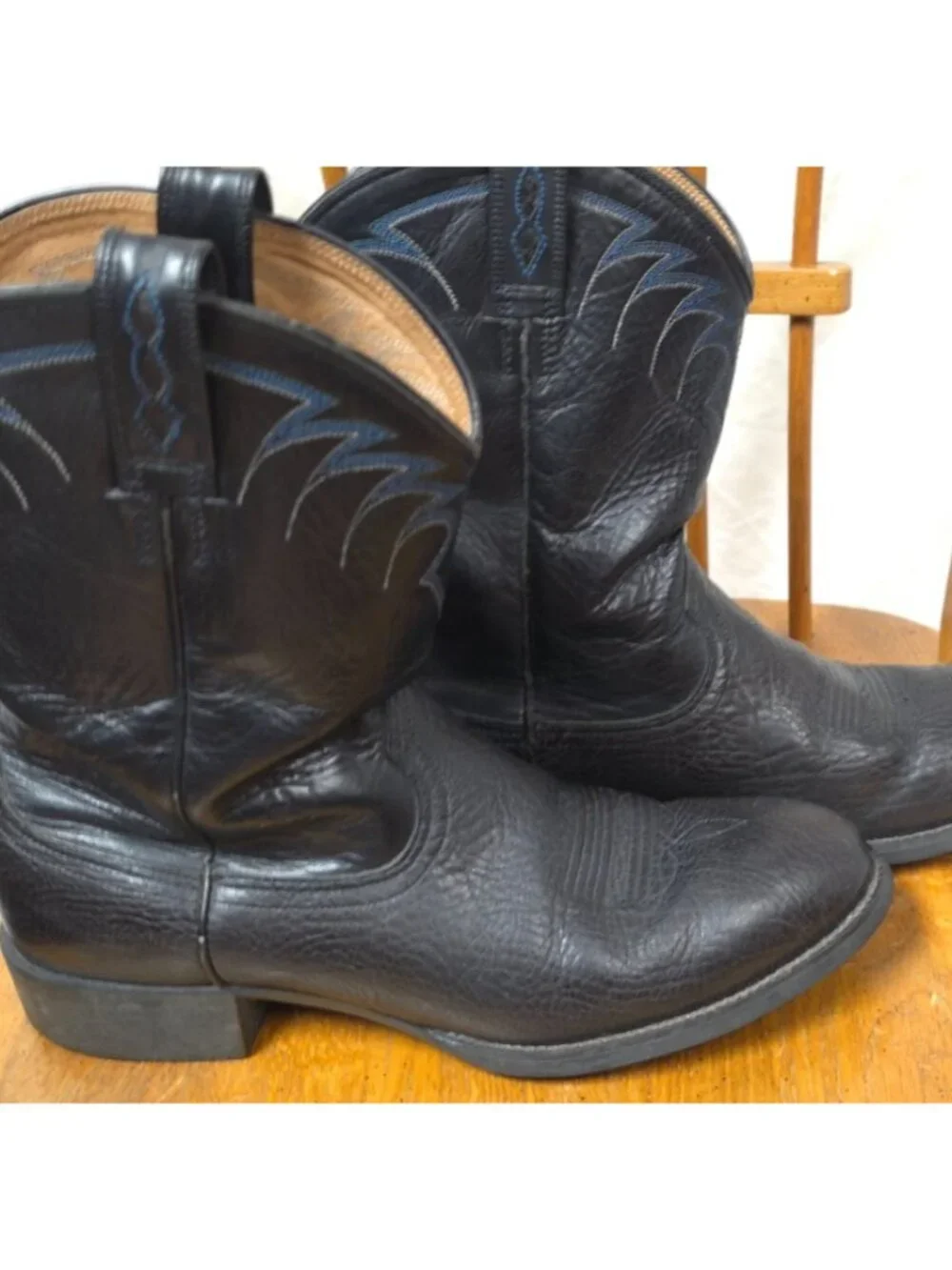 Ariat Mens Black Western Cowboy Leather Mid Calf Boots Top Blue Stitching 10 D